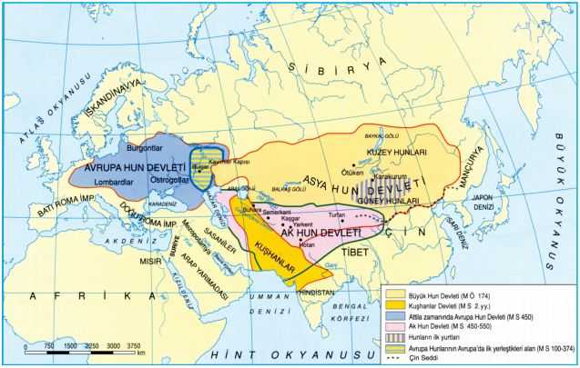 Asya Hun, Avrupa Hun ve Ak Hun Devleti Haritası