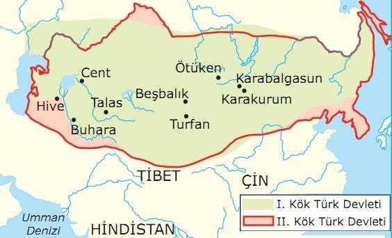 I. ve II. Kök Türk Devleti'nin en geniş sınırlarının gösterildiği harita