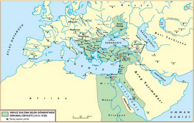 Yavuz Dönemi Osmanlı Sınırları Haritası (İslam Dünyası Liderliğine)
