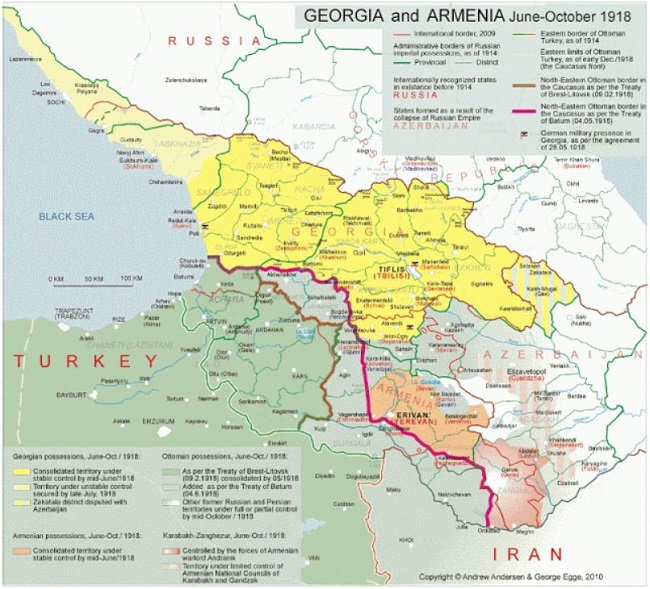 Batum Antlaşması'na göre Osmanlı, Gürcistan, Ermenistan ve Azerbaycan sınırları