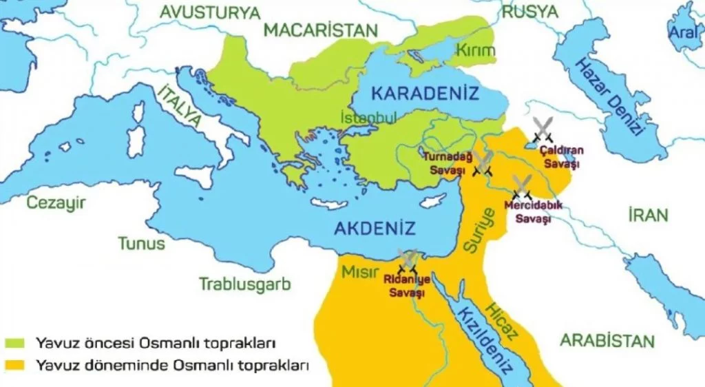 Yavuz ultan Selim'in Mısır Seferi sonrsı Osmanlı sınırları haritası